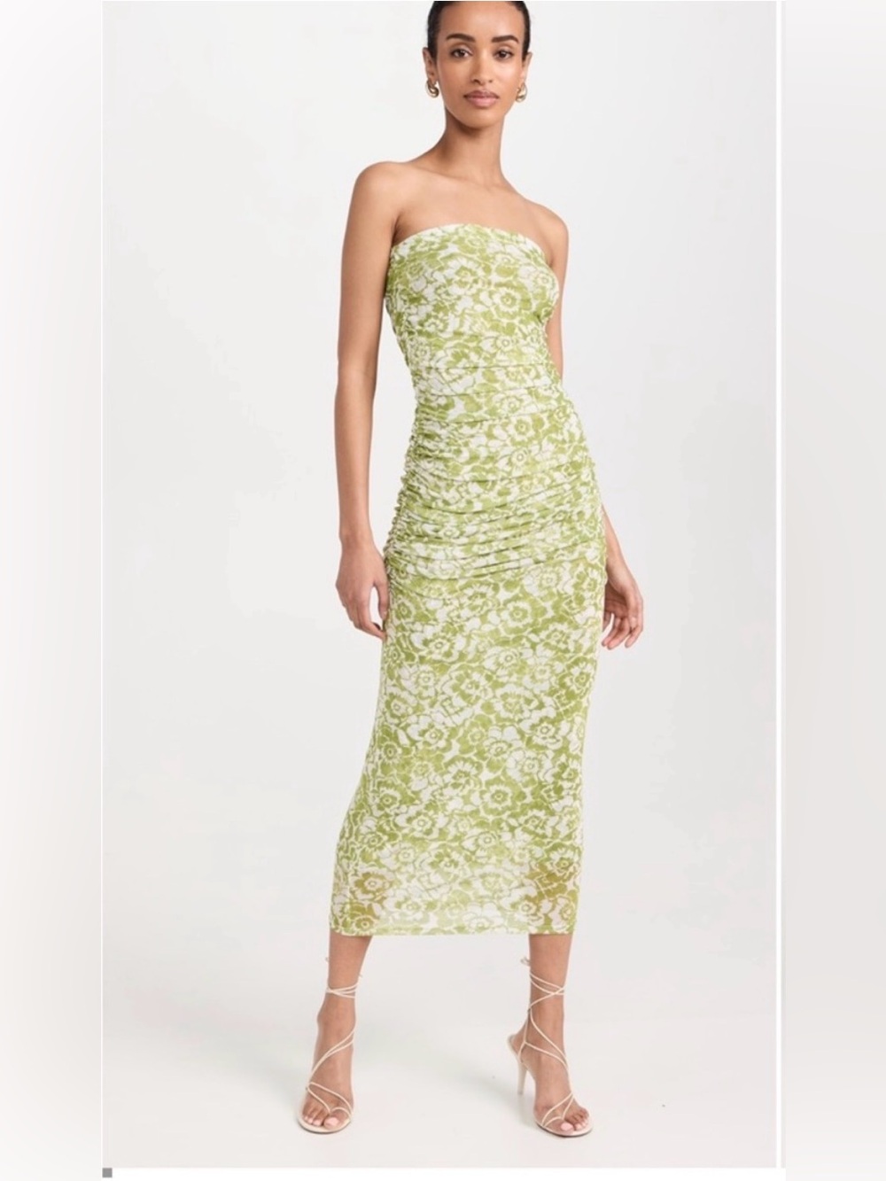 RESA Strapless Green Kristina Floral Print Mesh Midi Dress